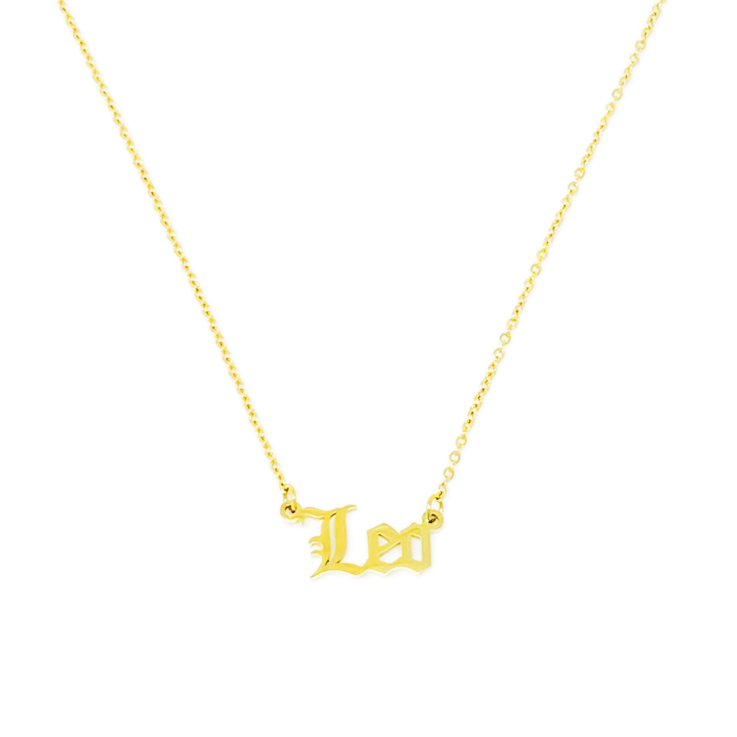 Gold Old English Zodiac Leo Necklace with astrology lettering on white background for Carpe Diem Dream