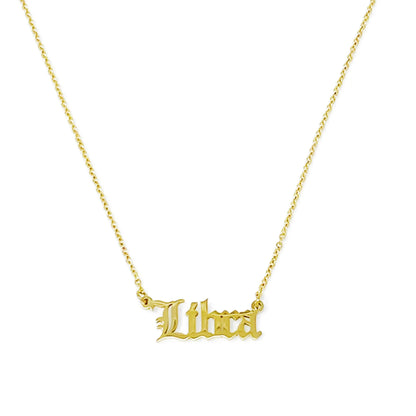Gold Old English Zodiac Libra Necklace with astrology lettering on white background for Carpe Diem Dream