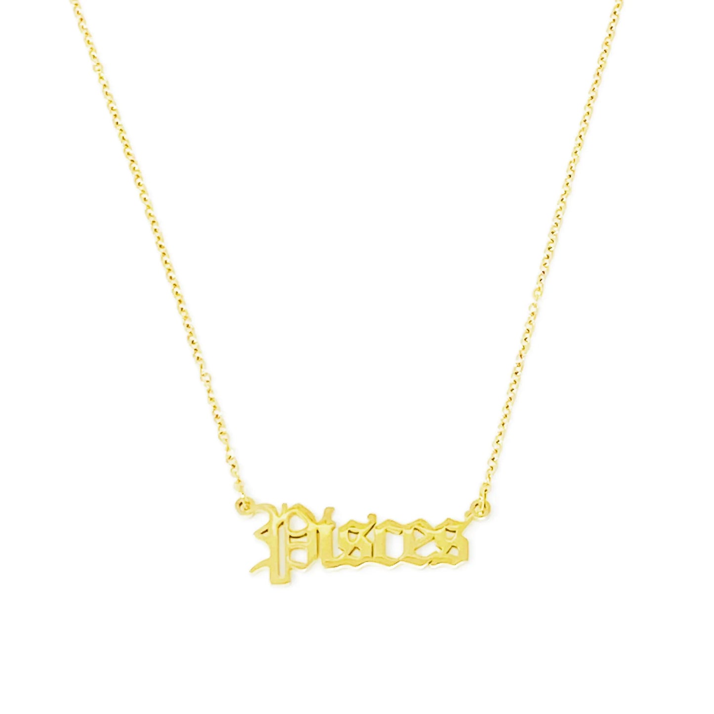 Gold Old English Zodiac Pisces Necklace with astrology lettering on white background for Carpe Diem Dream