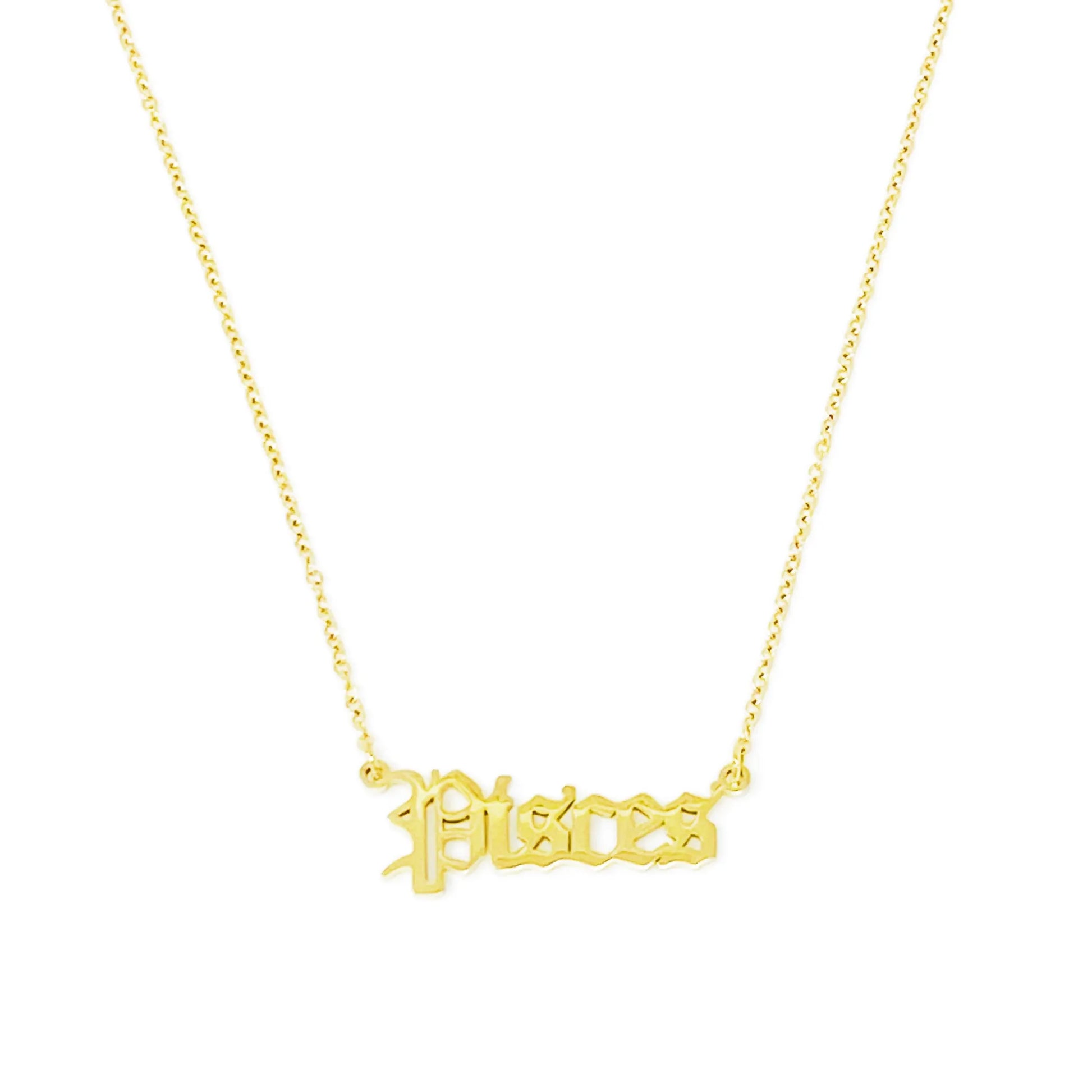 Gold Old English Zodiac Pisces Necklace with astrology lettering on white background for Carpe Diem Dream