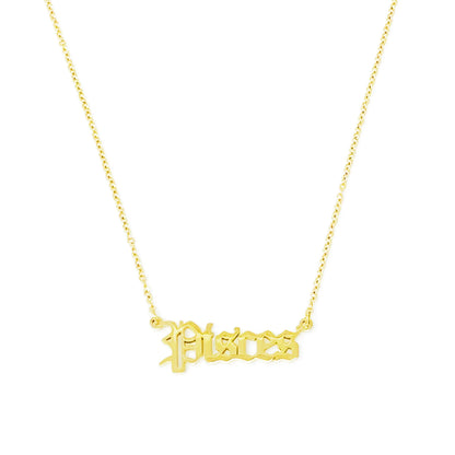 Gold Old English Zodiac Pisces Necklace with astrology lettering on white background for Carpe Diem Dream