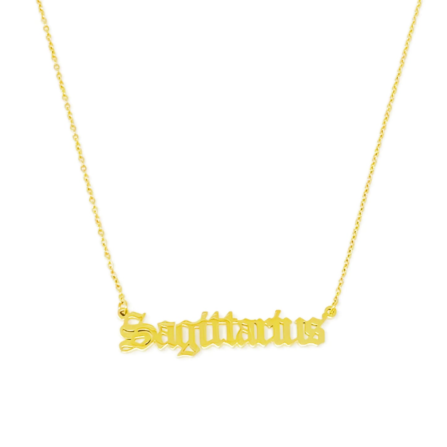 Gold Old English Zodiac Sagittarius Necklace with astrology lettering on white background for Carpe Diem Dream