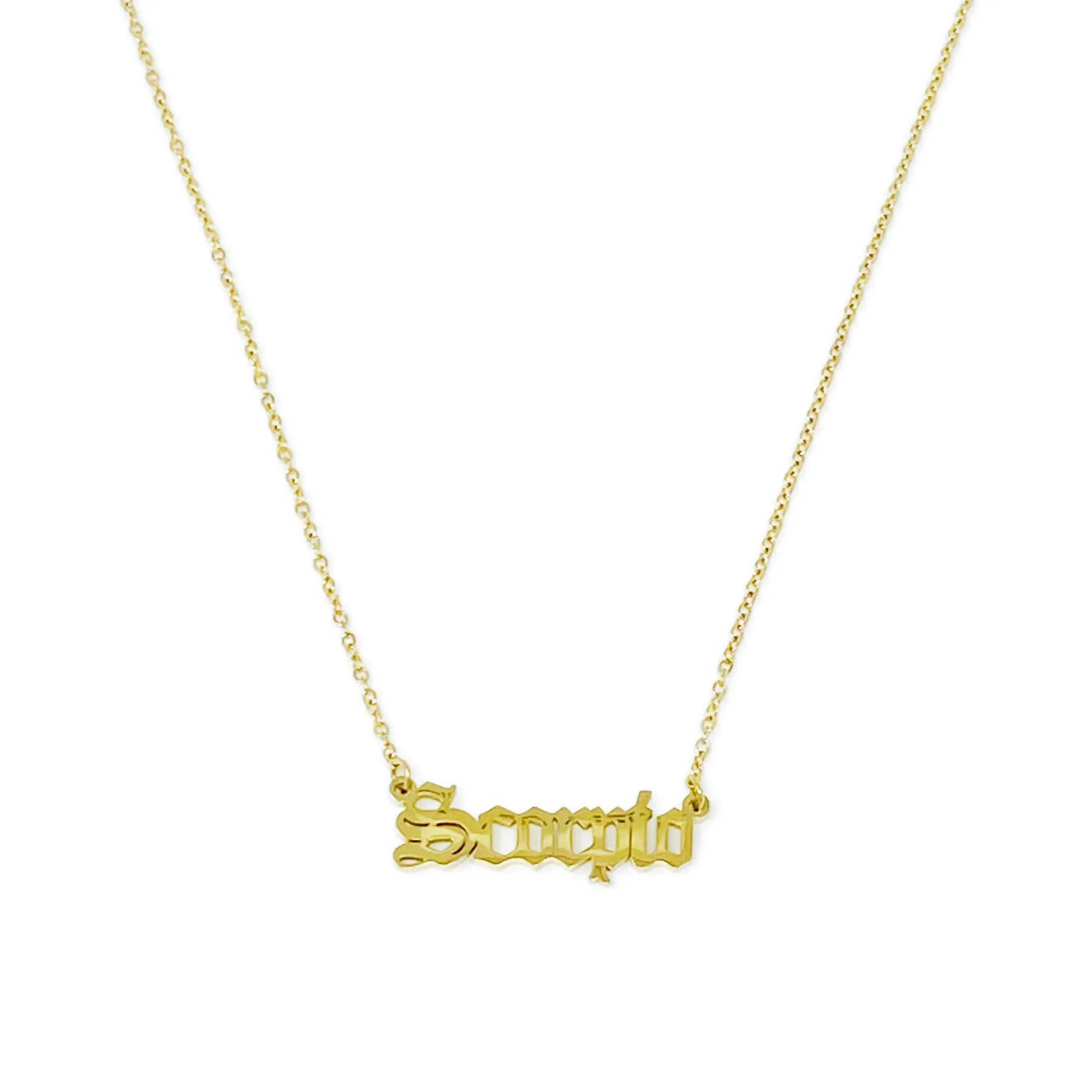 Gold Old English Zodiac Scorpio Necklace with astrology lettering on white background for Carpe Diem Dream