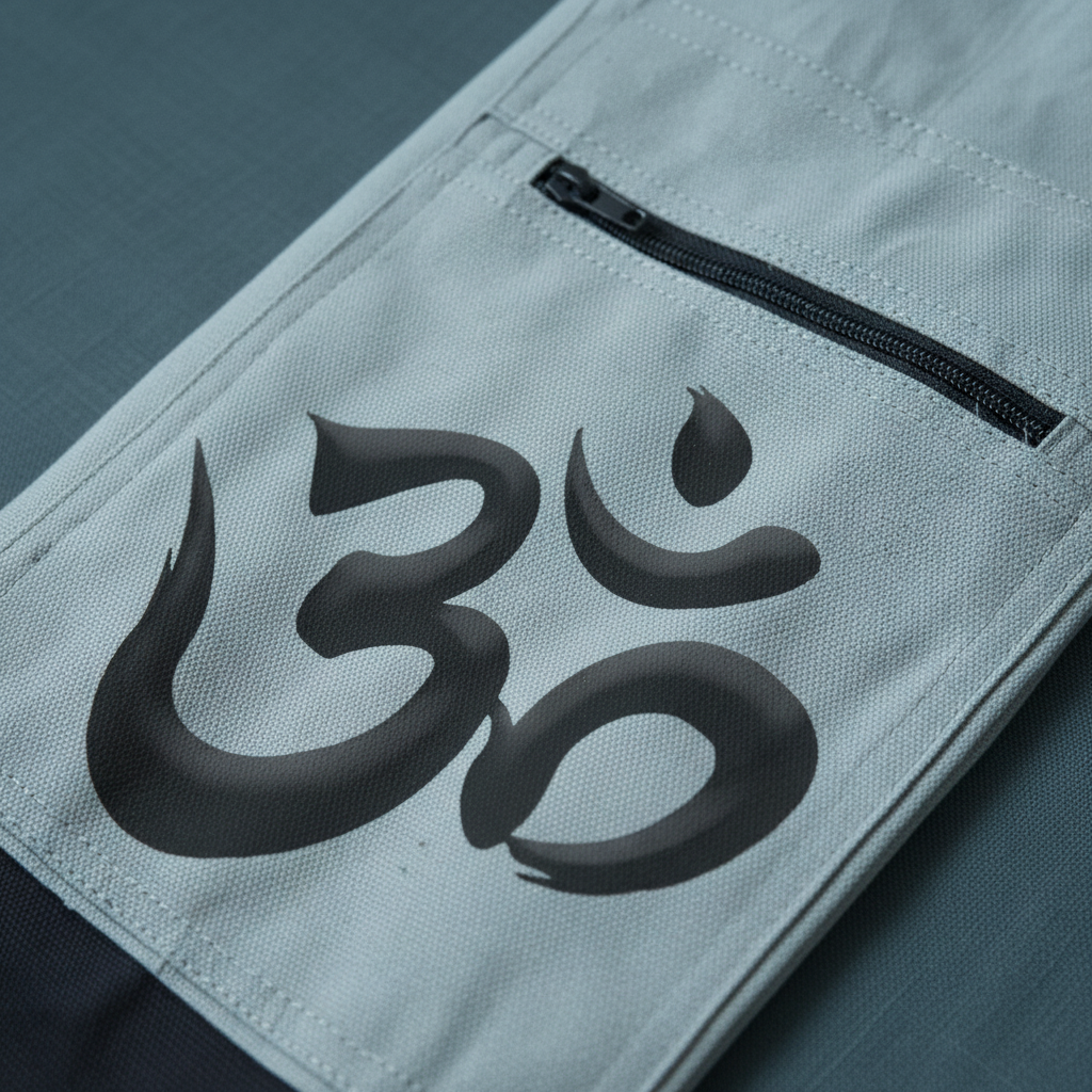 Close-up of white cotton Om yoga mat bag showing zipper pocket, stitching details, and sacred Om artwork on deep teal textured background. — for Carpe Diem Dream