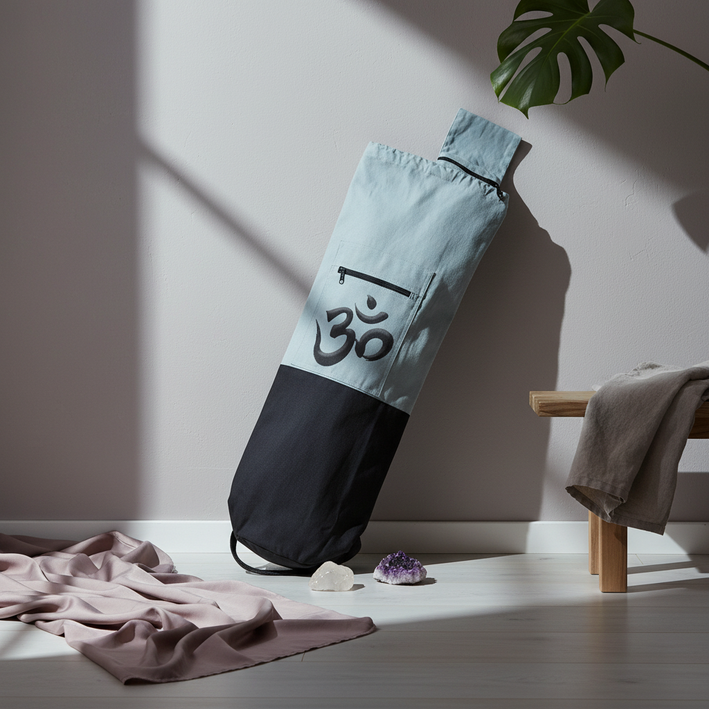 White and black Om yoga mat bag leaning beside mauve fabric and crystal accents in a softly lit wellness sanctuary scene. — for Carpe Diem Dream