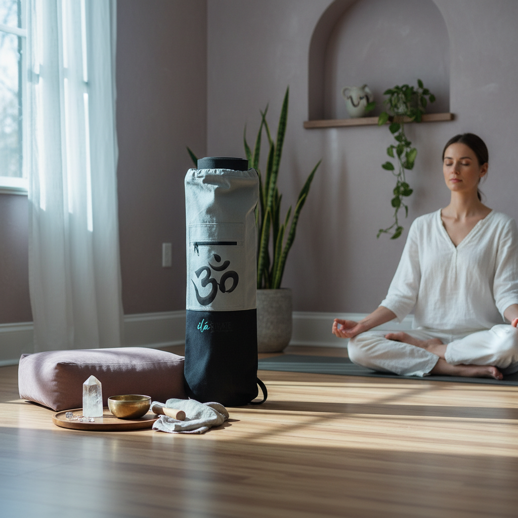 White and black Om yoga mat bag standing upright beside a woman meditating in a softly lit sanctuary-inspired wellness room. — for Carpe Diem Dream