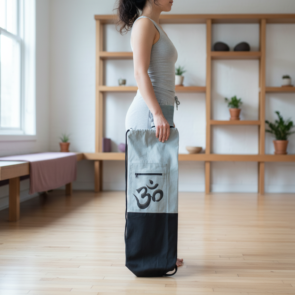 Woman standing beside upright white and black Om yoga mat bag in a softly lit yoga studio with natural wood flooring and shelving. — for Carpe Diem Dream