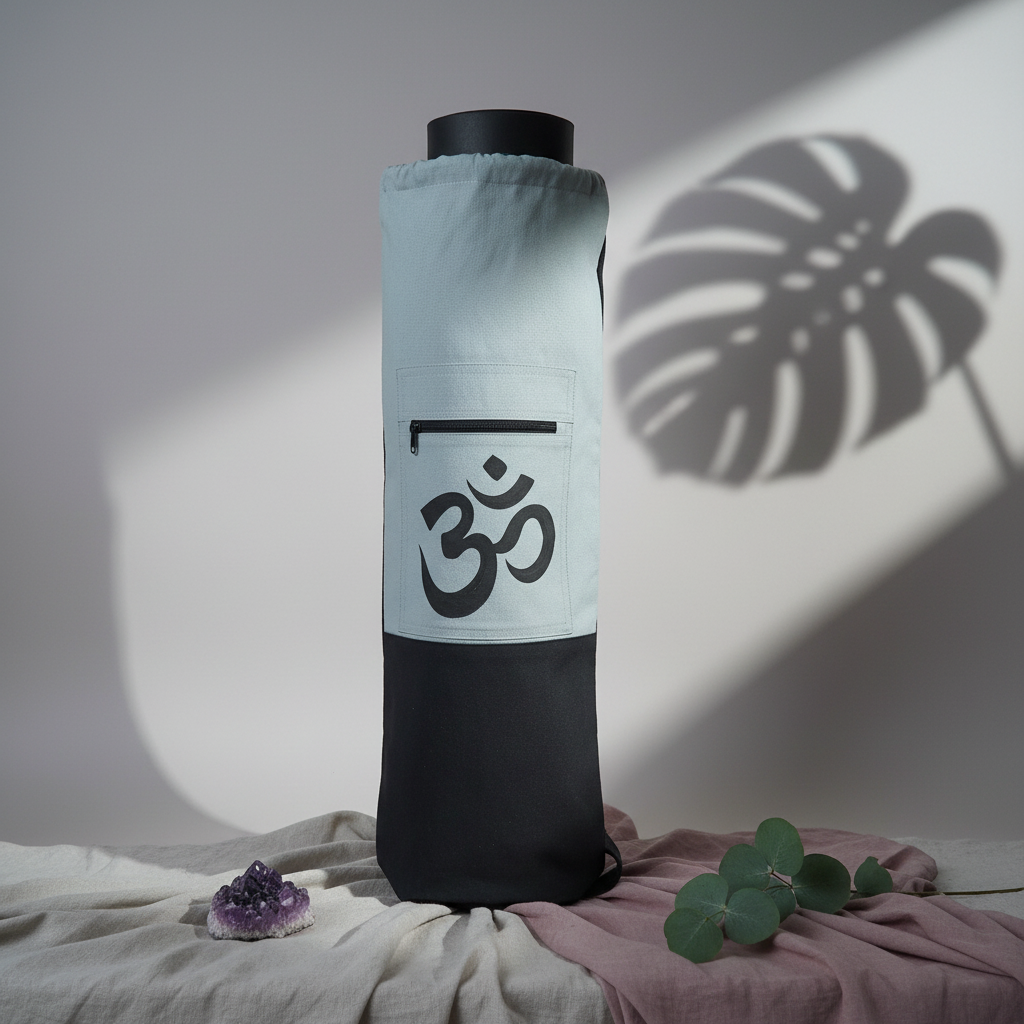 White and black Om yoga mat bag displayed on layered neutral and mauve linen with eucalyptus, amethyst crystal, and soft botanical shadows. — for Carpe Diem Dream