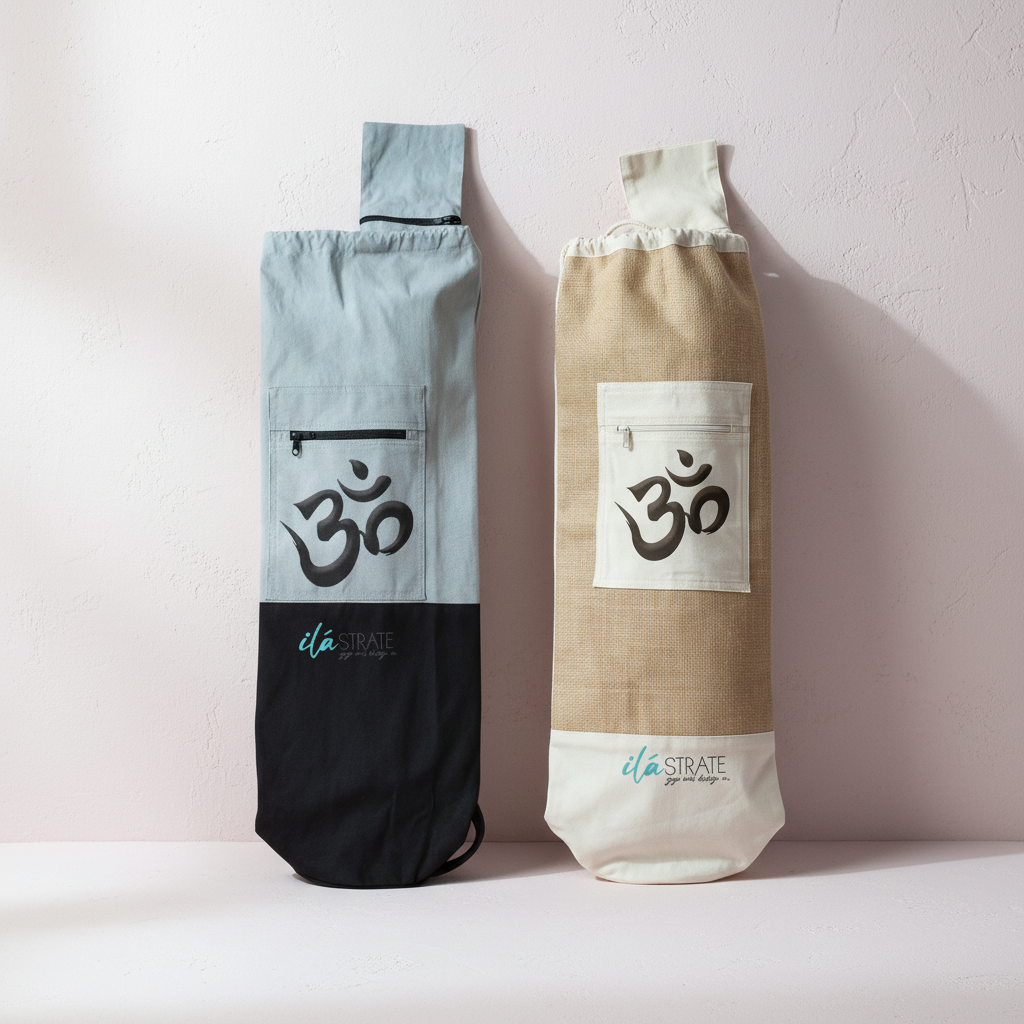 Grey cotton dual tone and white cotton jute Om yoga mat bags displayed side by side against a soft blush studio backdrop. — for Carpe Diem Dream