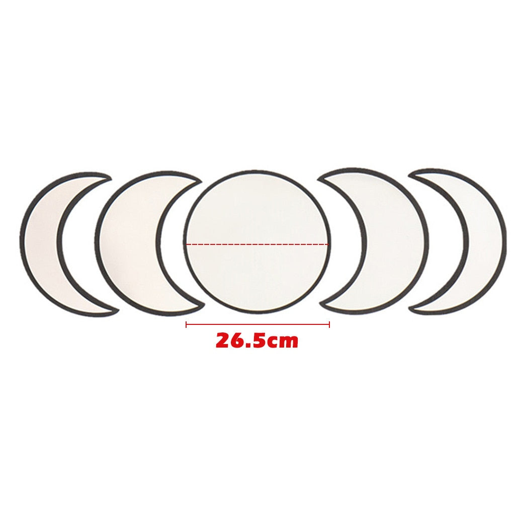 Moon phase wall mirror set layout showing crescent and full moon shapes with labeled diameter of 26.5 cm for the center mirror on a white background. — for Carpe Diem Dream