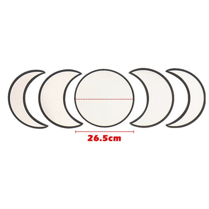 Moon phase wall mirror set layout showing crescent and full moon shapes with labeled diameter of 26.5 cm for the center mirror on a white background. — for Carpe Diem Dream
