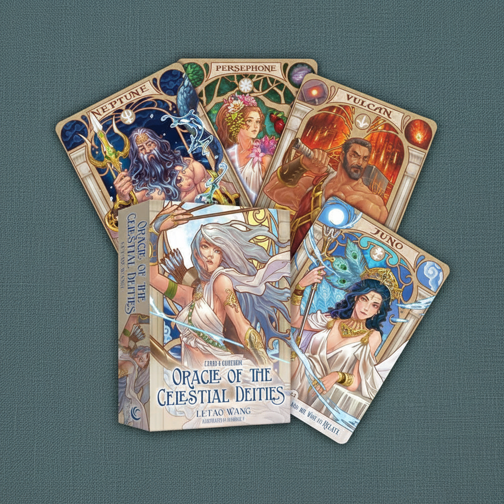 A celestial oracle deck with detailed deity illustrations on multiple cards arranged behind the deck box on a textured teal background. — for Carpe Diem Dream