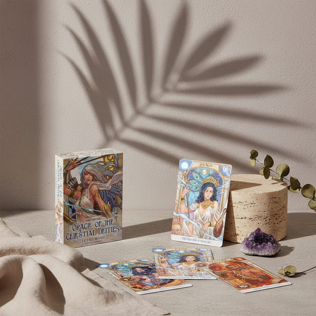 An oracle card deck displayed with scattered cards, a crystal, and a candle on a neutral surface with soft botanical shadows. — for Carpe Diem Dream