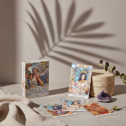 An oracle card deck displayed with scattered cards, a crystal, and a candle on a neutral surface with soft botanical shadows. — for Carpe Diem Dream