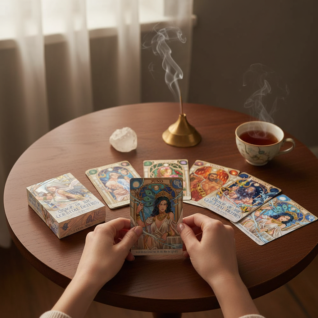 Hands holding an oracle card above a table with scattered cards, a lit incense burner, a teacup, and the deck box in soft natural light. — for Carpe Diem Dream