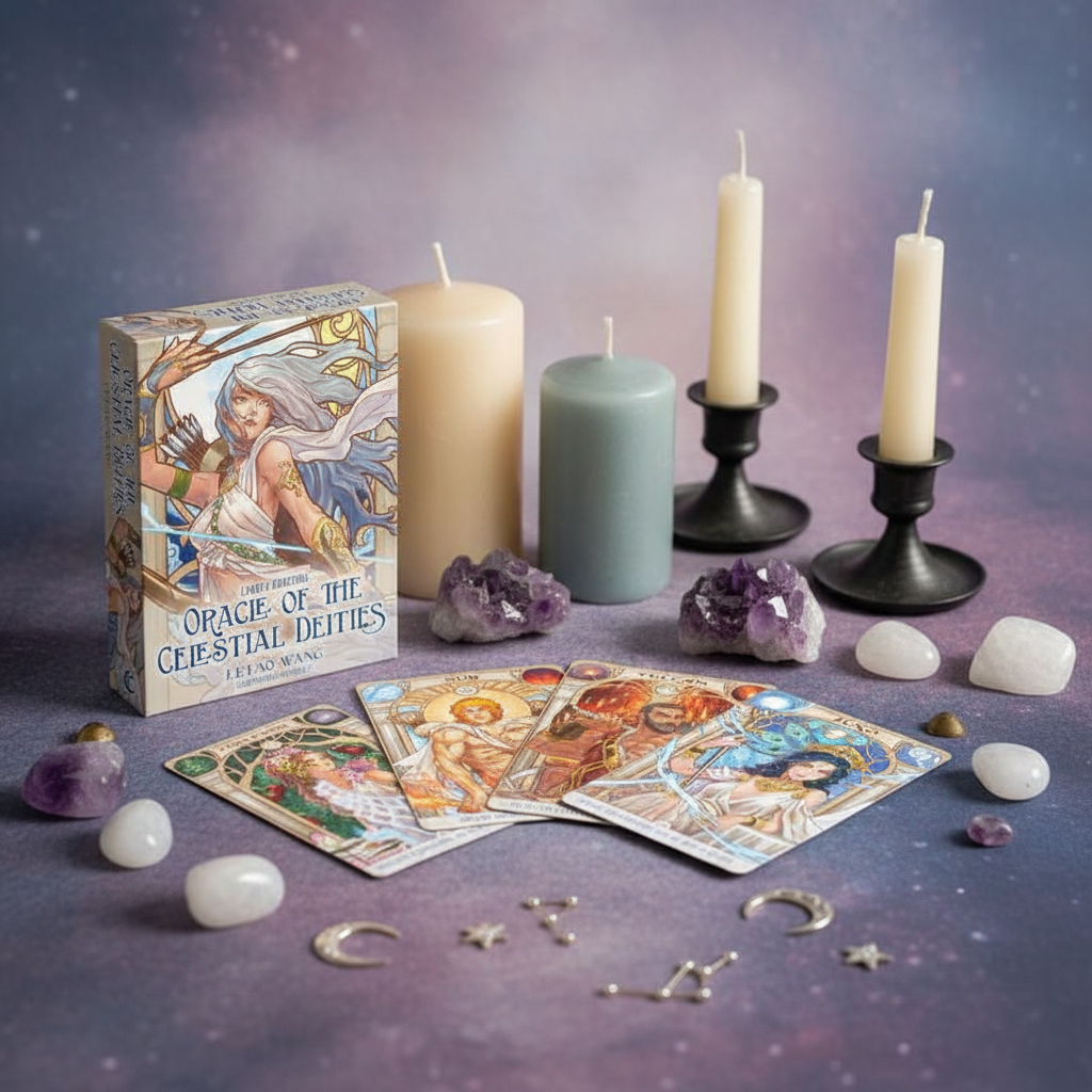 An oracle deck with cards arranged beside crystals and lit candles on a celestial-toned surface with decorative elements. — for Carpe Diem Dream