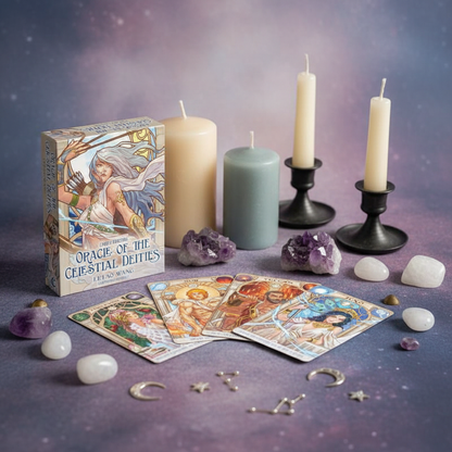 An oracle deck with cards arranged beside crystals and lit candles on a celestial-toned surface with decorative elements. — for Carpe Diem Dream