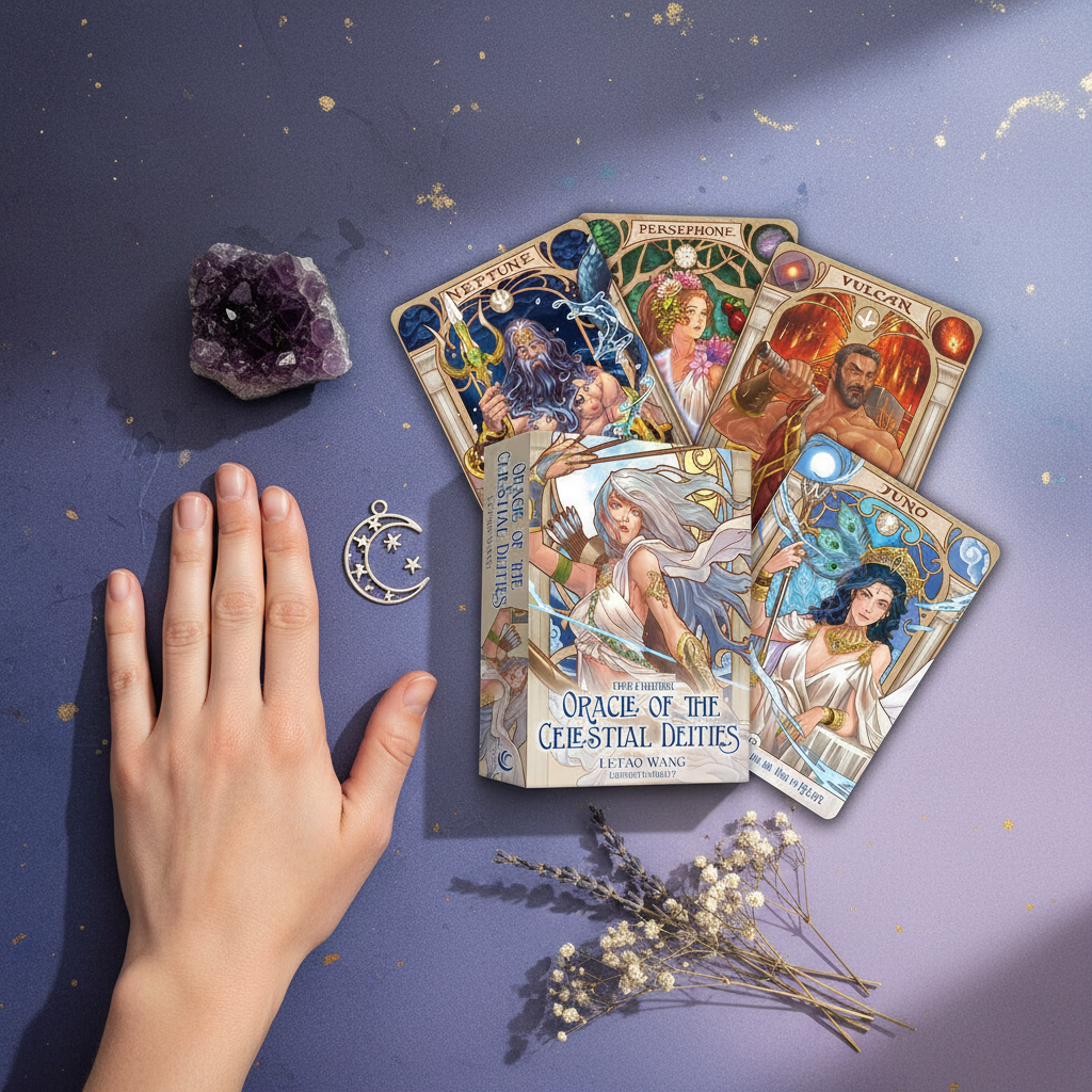 An oracle deck with illustrated cards placed beside a hand for size reference on a softly lit purple background with decorative elements. — for Carpe Diem Dream