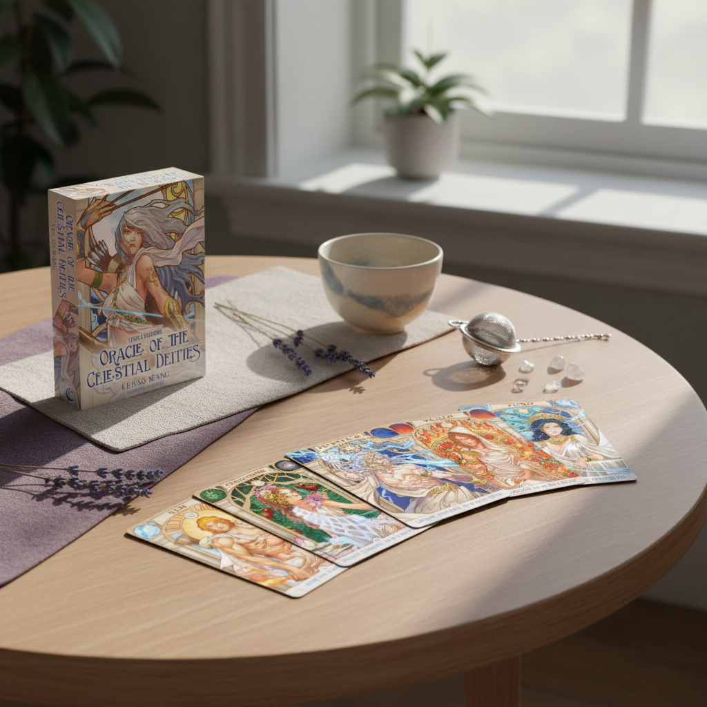 An oracle deck displayed on a round table with cards laid out beside a teacup and soft natural window light. — for Carpe Diem Dream