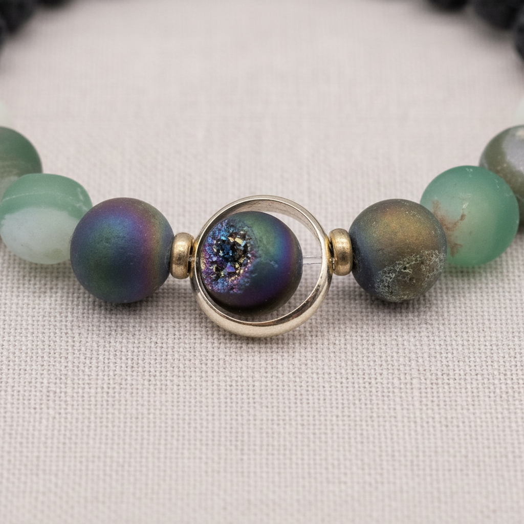 A close-up of a natural stone and lava bead diffuser bracelet featuring a round orbital focal bead with iridescent detailing and gold accents on a textured linen background. — for Carpe Diem Dream