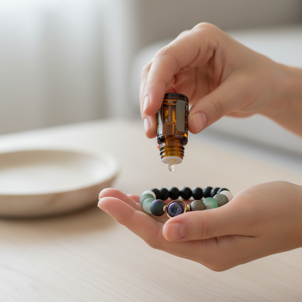A hand applying essential oil from a small amber bottle onto the lava beads of a natural stone diffuser bracelet resting in the palm. — for Carpe Diem Dream