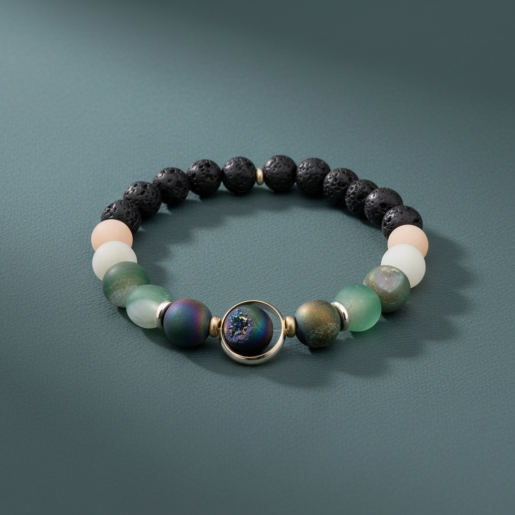 A natural stone and lava bead diffuser bracelet with a round orbital focal bead and gold accents displayed upright on a textured linen background. — for Carpe Diem Dream
