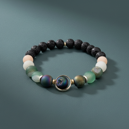 A natural stone and lava bead diffuser bracelet with a round orbital focal bead and gold accents displayed upright on a textured linen background. — for Carpe Diem Dream