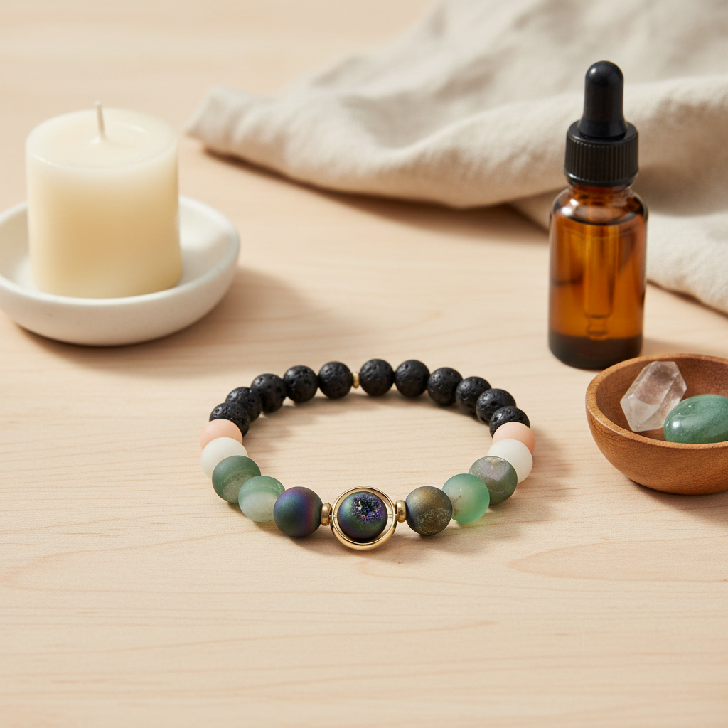 A natural stone and lava bead diffuser bracelet displayed on a wooden surface beside an amber essential oil bottle, a lit candle, and small crystals. — for Carpe Diem Dream