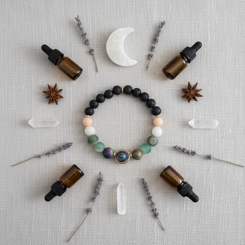 A natural stone and lava bead diffuser bracelet with a round orbital focal bead arranged in a symmetrical flat lay with essential oil bottles, lavender sprigs, quartz crystals, and a crescent moon on textured linen. — for Carpe Diem Dream