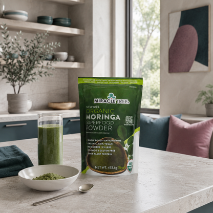 Organic Moringa Superfood Powder 16oz pouch styled in a refined wellness kitchen with green smoothie, moringa powder, stone bowl, and dark teal accents. — for Carpe Diem Dream