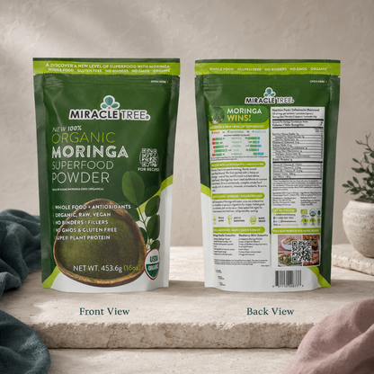 Organic Moringa Powder 16oz pouch shown with front and back packaging side by side on a cool stone surface, highlighting product details and nutritional information — Carpe Diem Dream