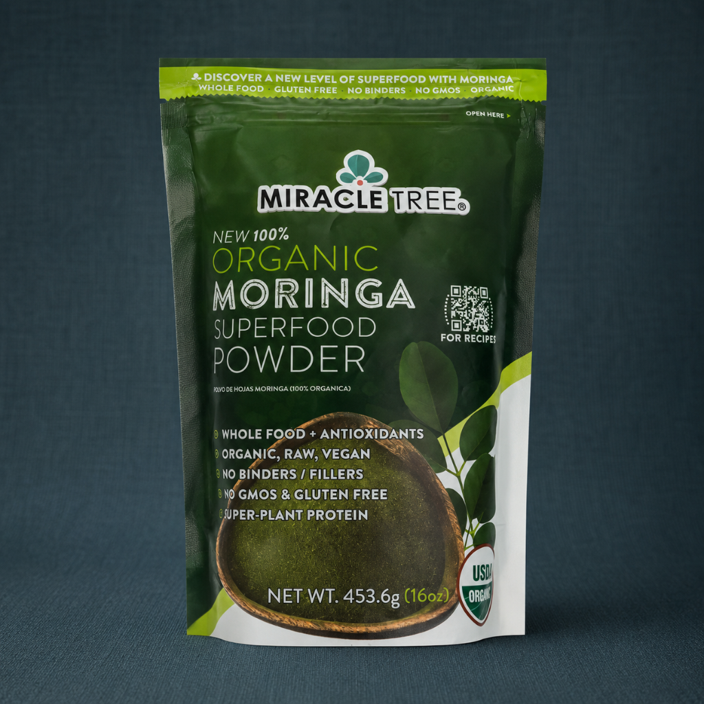 Organic Moringa Superfood Powder 16oz pouch displayed on a dark teal linen backdrop with crisp front label detail. — for Carpe Diem Dream