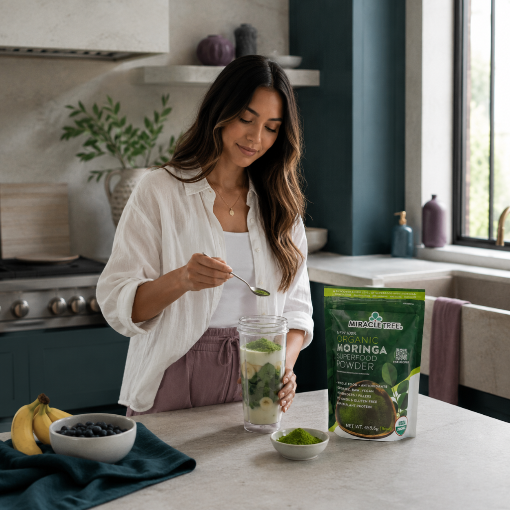 Woman adding Organic Moringa Superfood Powder to a smoothie cup in a refined wellness kitchen with fruit, dark teal linen, and mauve accents. — for Carpe Diem Dream