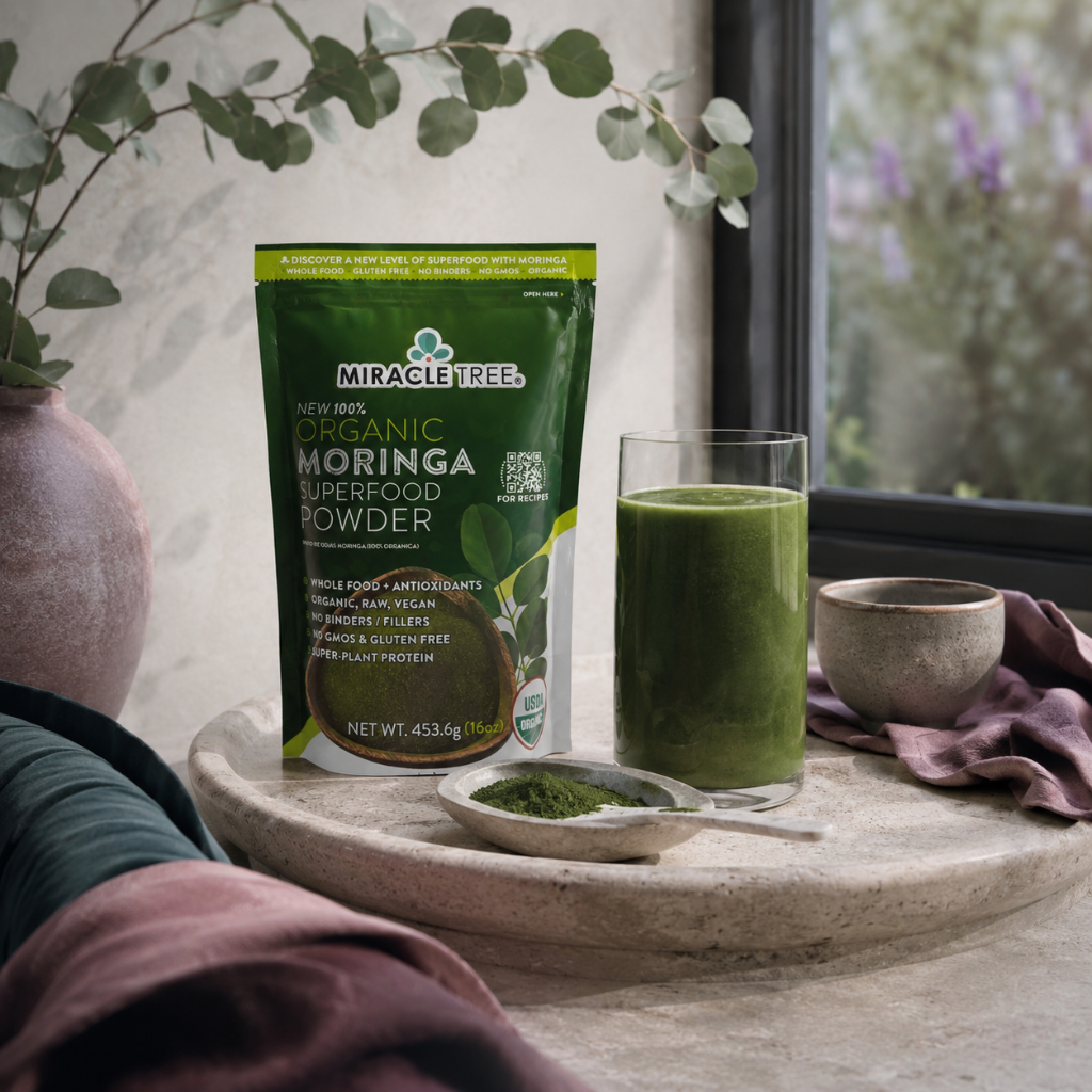 Organic Moringa Superfood Powder 16oz pouch styled in a serene window-side wellness ritual with green smoothie, moringa powder, mauve textile, and dark teal accents. — for Carpe Diem Dream