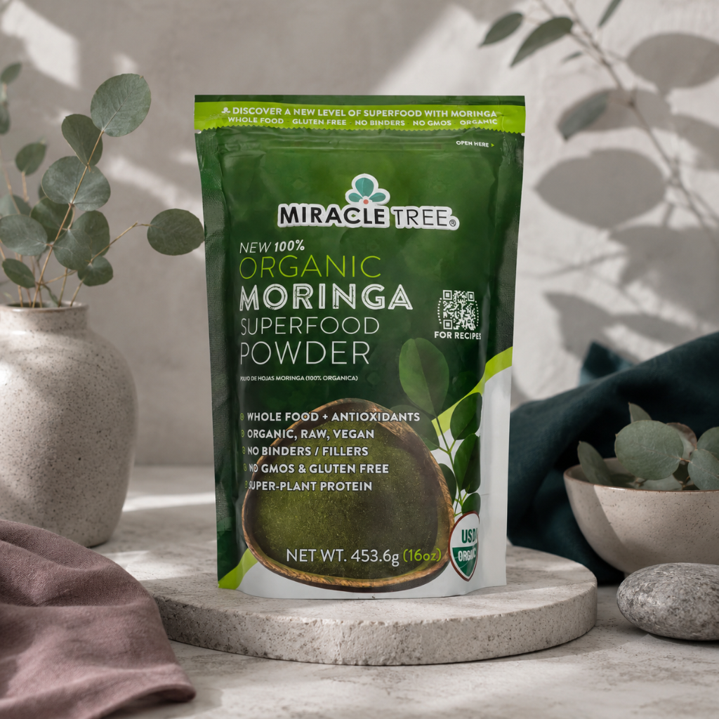 Organic Moringa Superfood Powder 16oz pouch displayed in the Carpe Diem Dream botanical studio with eucalyptus, mauve linen, natural stone, and dark teal accents. — for Carpe Diem Dream
