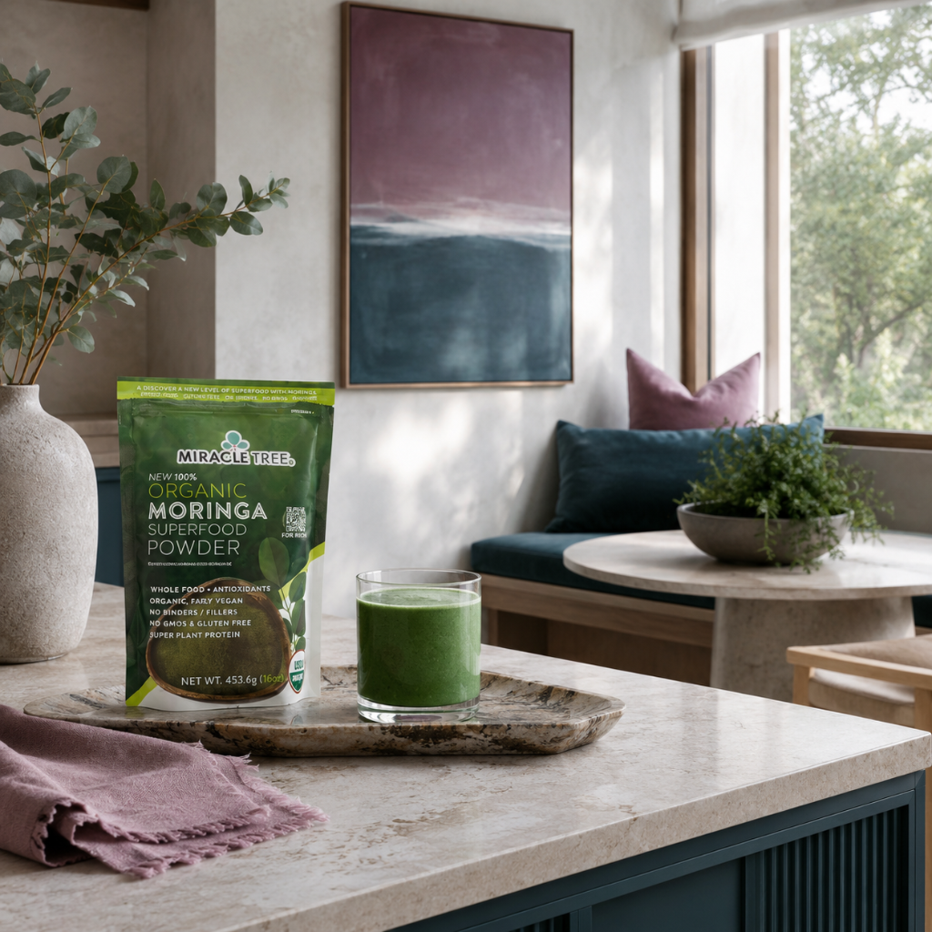 Organic Moringa Superfood Powder 16oz pouch styled in a serene wellness kitchen with green smoothie, mauve linen, dark teal accents, and calm room details. — for Carpe Diem Dream