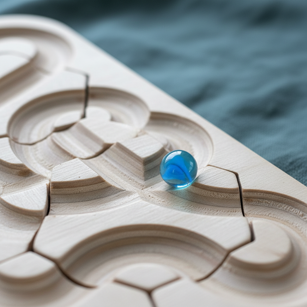 Close-up of the wooden Ouroboros sensory meditation maze showing carved pathways, movable tiles, and a blue glass marble. — for Carpe Diem Dream