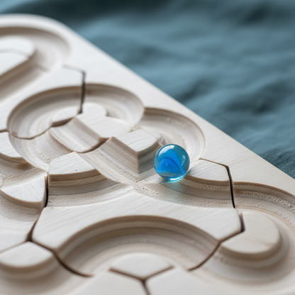 Close-up of the wooden Ouroboros sensory meditation maze showing carved pathways, movable tiles, and a blue glass marble. — for Carpe Diem Dream