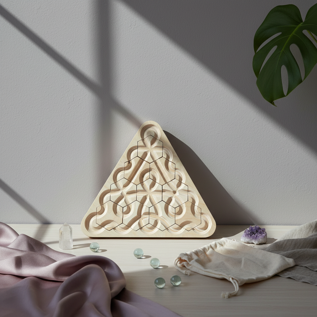 Wooden Ouroboros sensory meditation maze displayed with glass marbles, crystals, and soft mauve textiles in an editorial mindfulness setting. — for Carpe Diem Dream