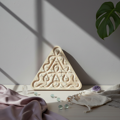 Wooden Ouroboros sensory meditation maze displayed with glass marbles, crystals, and soft mauve textiles in an editorial mindfulness setting. — for Carpe Diem Dream