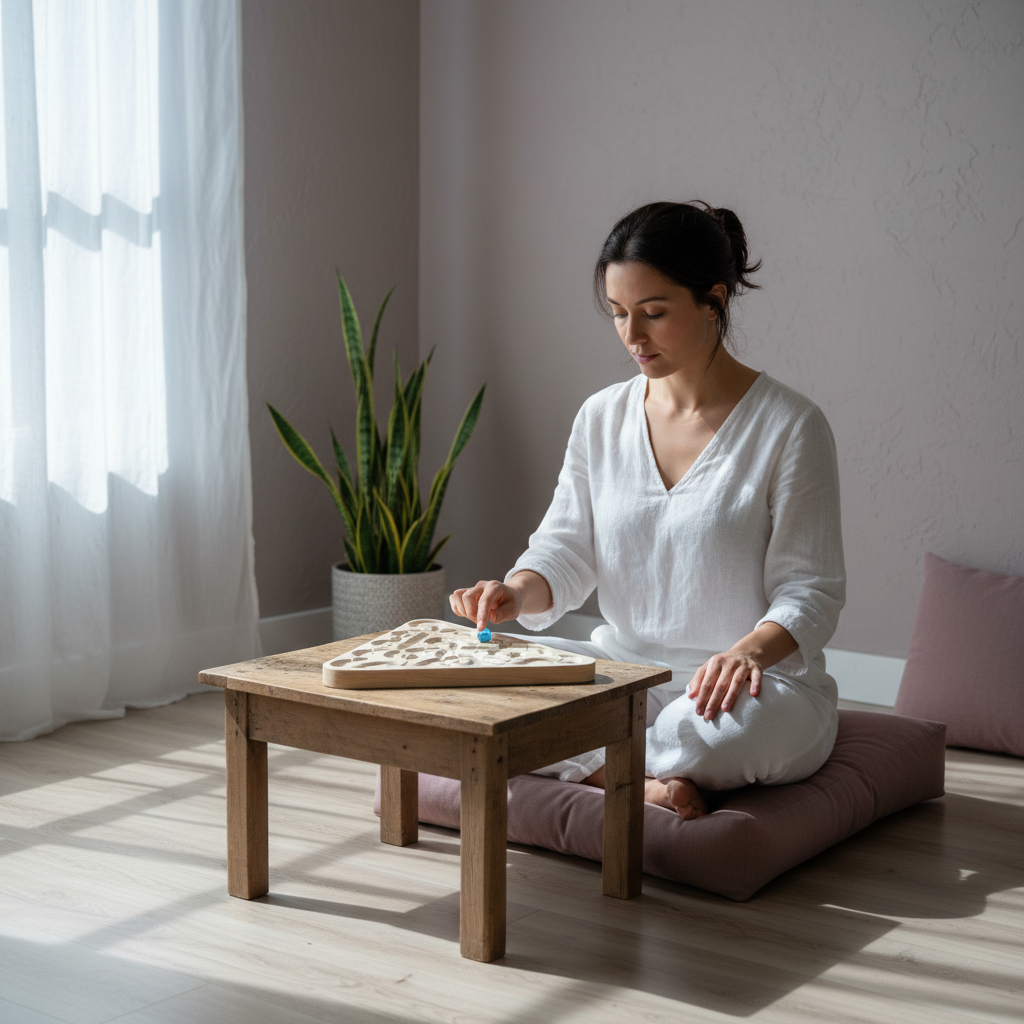 Person using the Ouroboros sensory meditation maze while seated on a floor cushion in a calm mindfulness space. — for Carpe Diem Dream