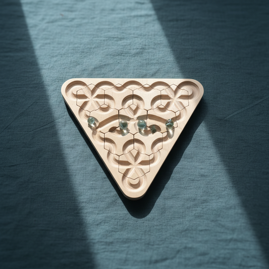 Wooden Ouroboros sensory meditation maze with glass marbles displayed on cool teal linen fabric. — for Carpe Diem Dream
