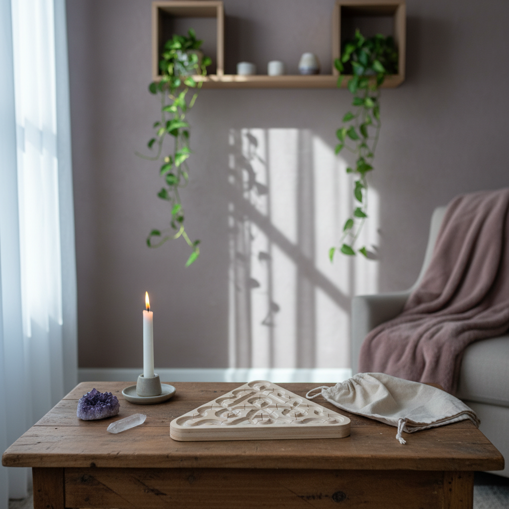 Wooden Ouroboros sensory meditation maze displayed in a peaceful home sanctuary with crystals, candlelight, and natural greenery. — for Carpe Diem Dream