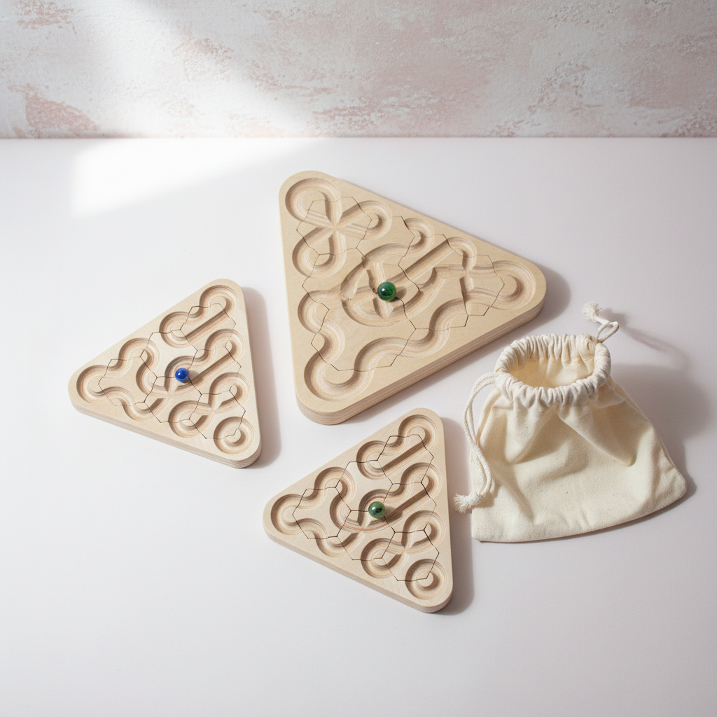 Three Ouroboros sensory meditation maze size options displayed with glass marbles and a cotton drawstring storage bag. — for Carpe Diem Dream