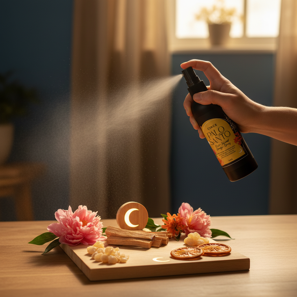 Hand spraying Palo Santo Smudge Spray over a ritual tray with Palo Santo wood, flowers, and dried citrus slices. — for Carpe Diem Dream