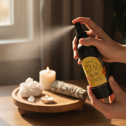 Hand spraying Palo Santo Smudge Spray beside a candle, crystals, and smudge bundle during a calming cleansing ritual. — for Carpe Diem Dream