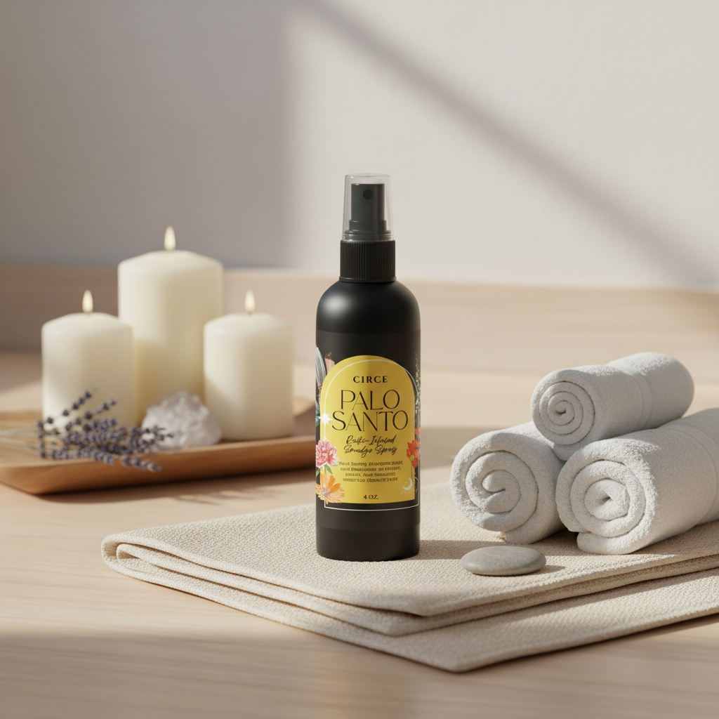 Palo Santo Smudge Spray bottle displayed with candles and rolled spa towels in a calming wellness setting. — for Carpe Diem Dream
