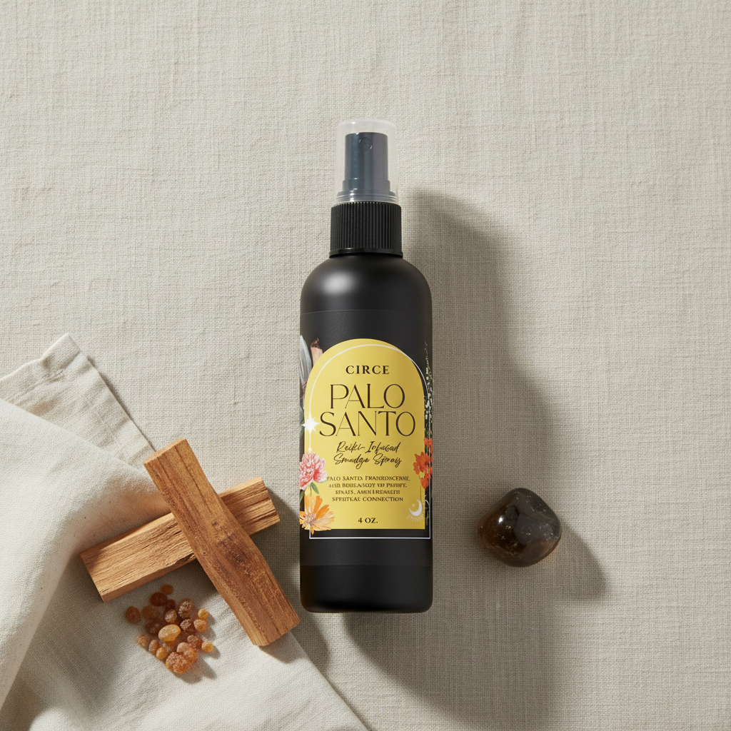 Palo Santo Smudge Spray bottle displayed with Palo Santo sticks and resin pieces on a soft linen surface. — for Carpe Diem Dream