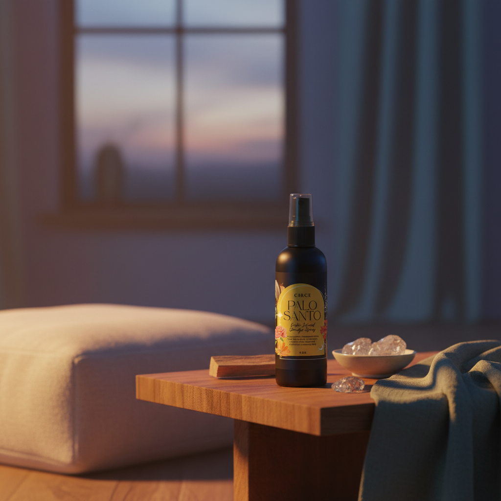 Palo Santo Smudge Spray bottle displayed on a bedside table with crystals and Palo Santo wood in a peaceful evening ritual setting. — for Carpe Diem Dream