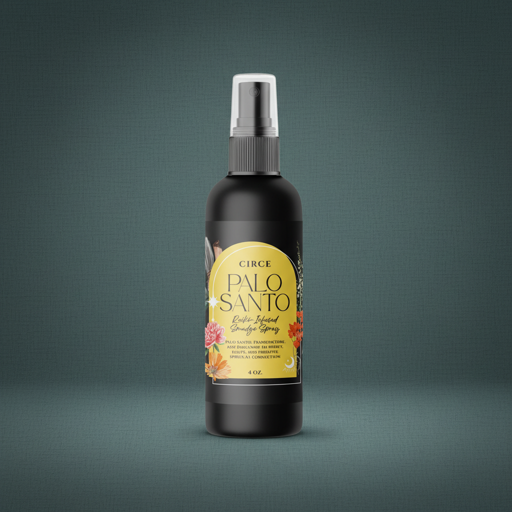 Palo Santo Smudge Spray bottle with yellow label displayed upright on a muted teal background. — for Carpe Diem Dream